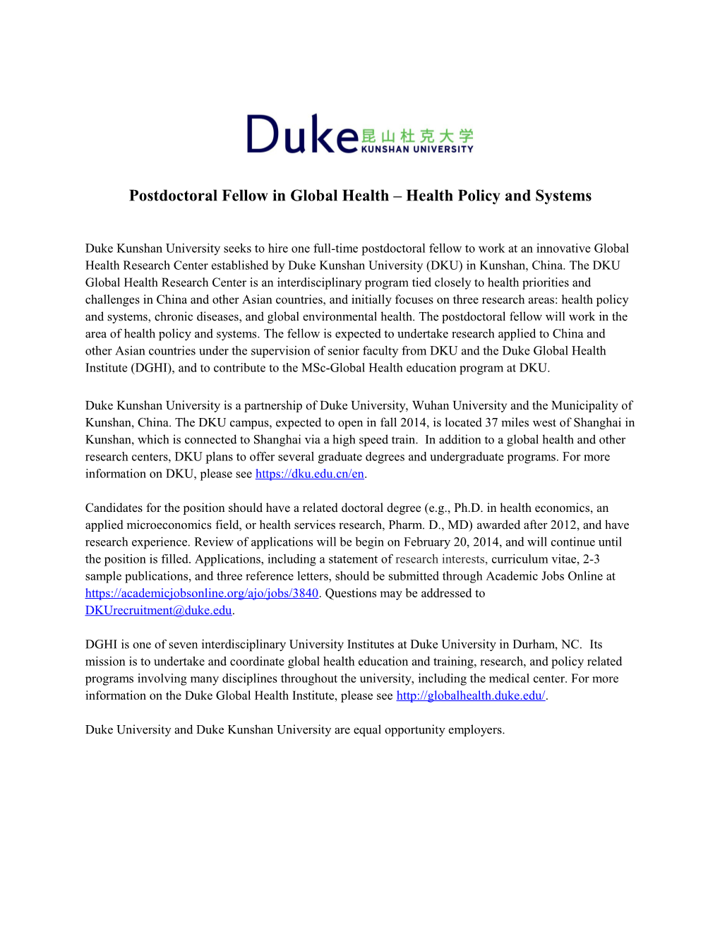 Faculty Position (Non-Tenure), Implementation Research, Duke Global Health Institute