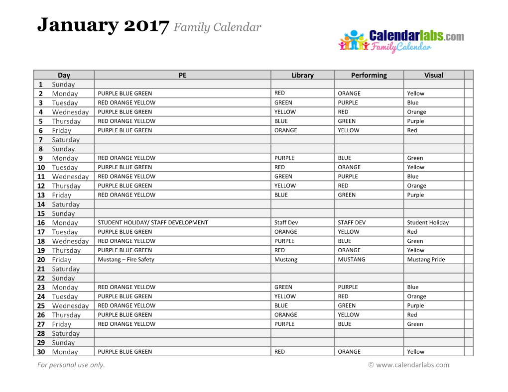 2017 Monthly Family Calendar