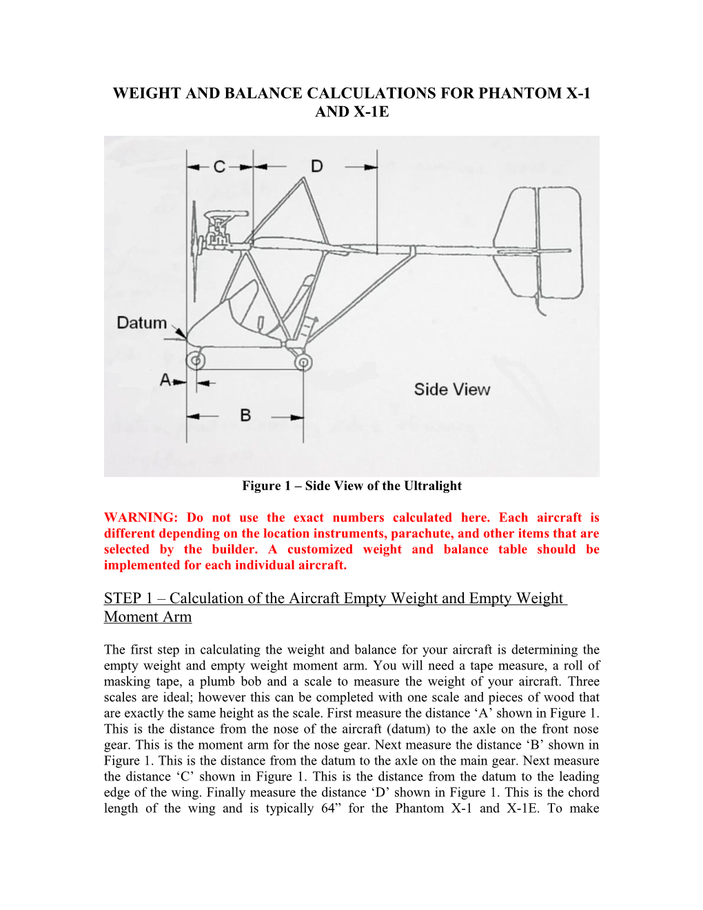 Weight and Balance Calculations for Phantom X-1 and X-1E