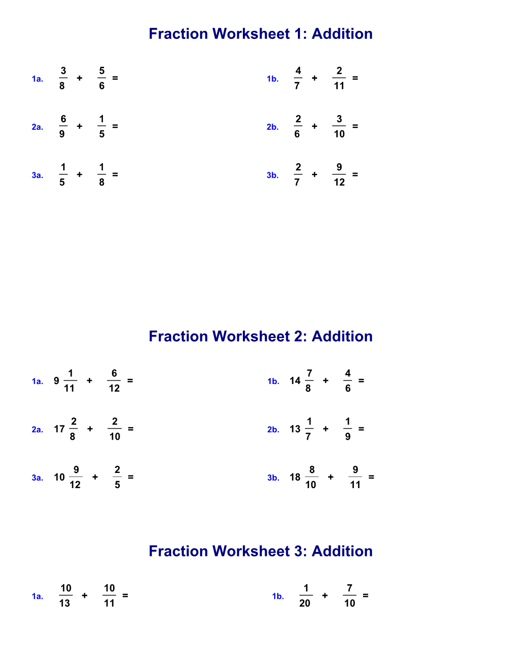 Fraction Worksheet 1: Addition