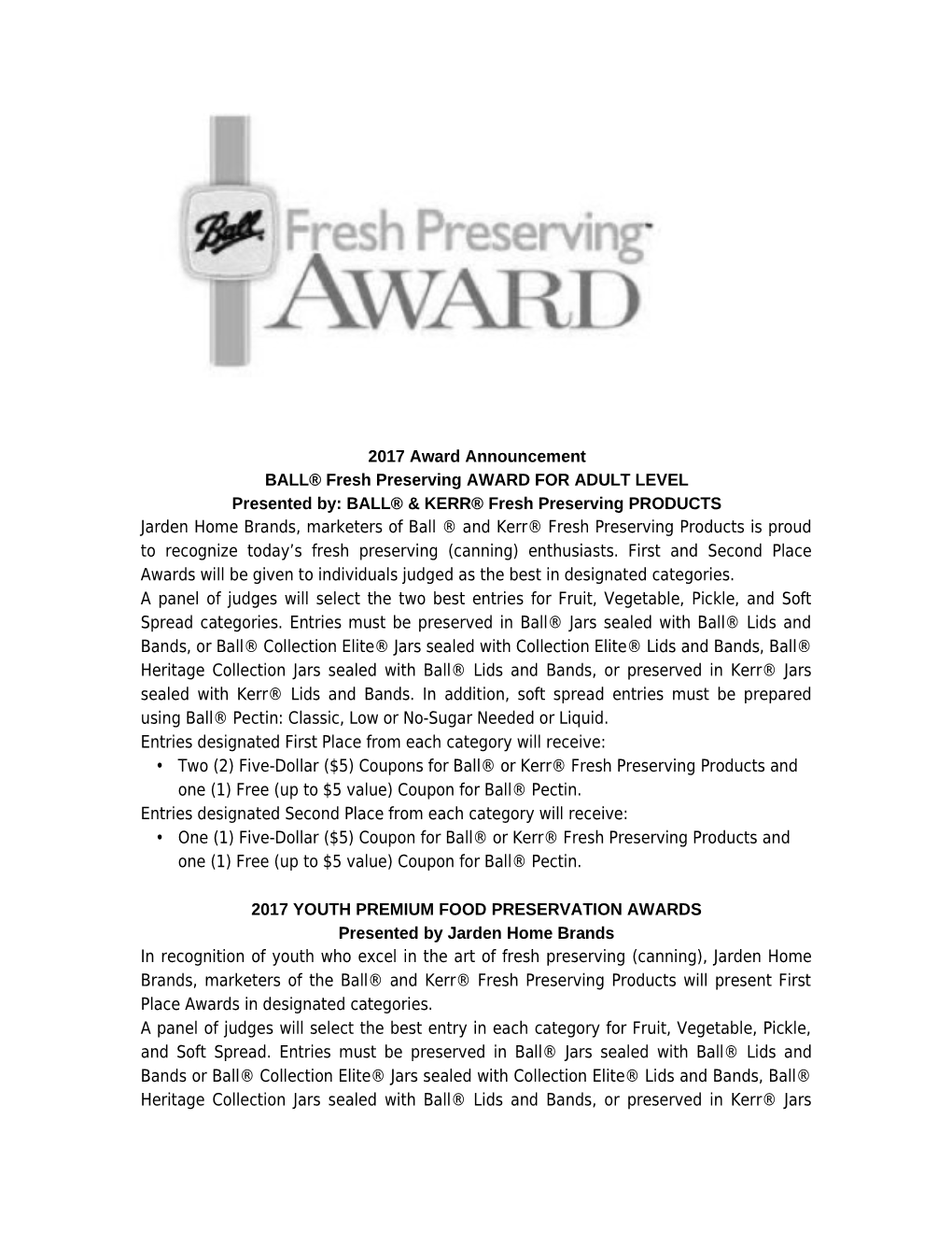 BALL Fresh Preserving AWARD for ADULT LEVEL