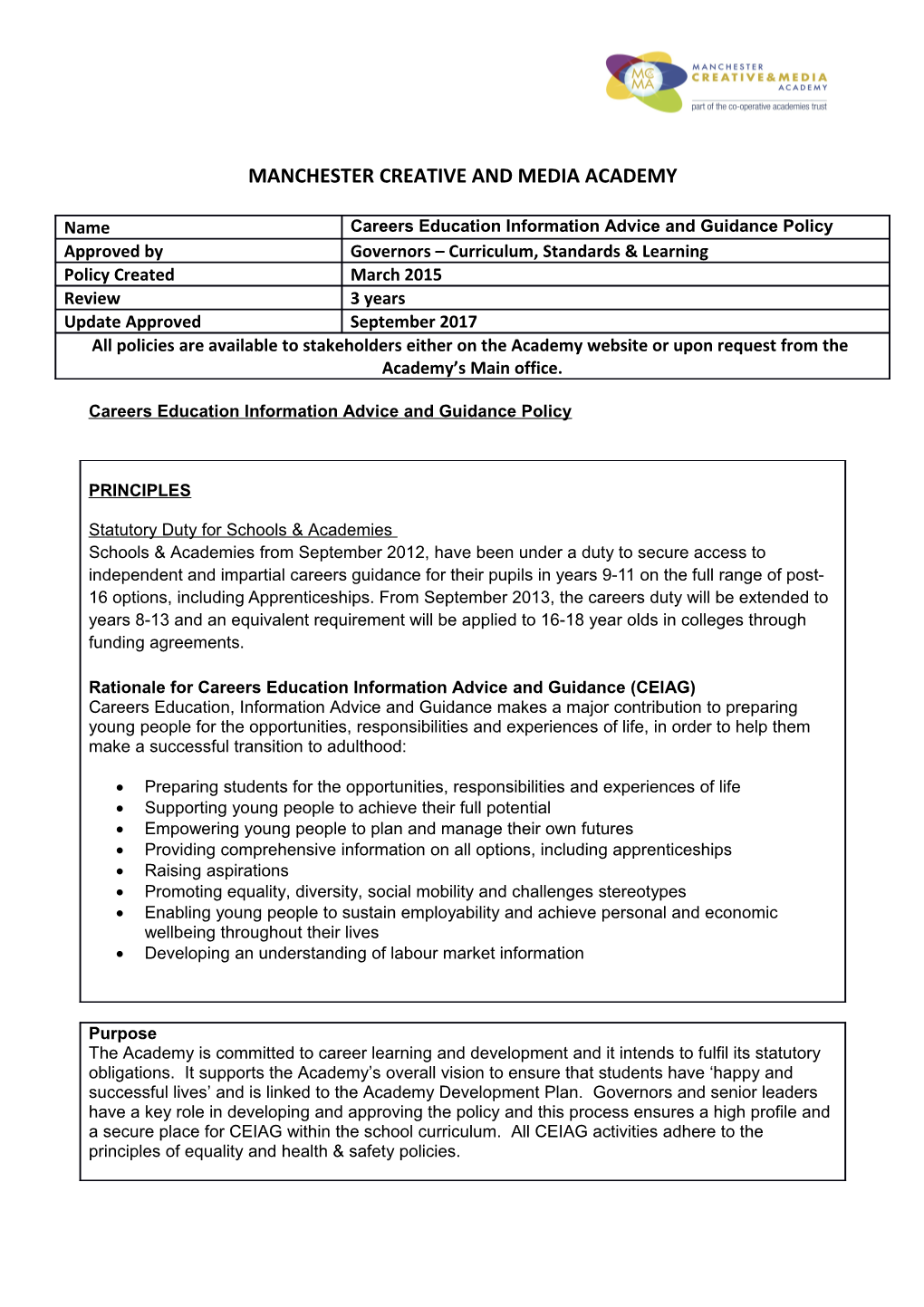 Careers Education Information Advice and Guidance Policy Template