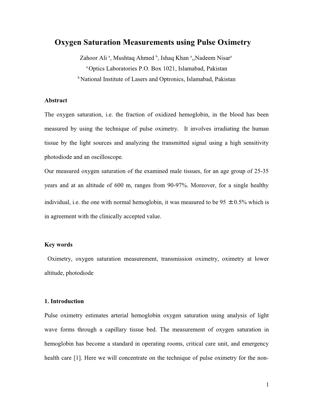 Oxygen Saturation Measurements Using Pulse Oximetry