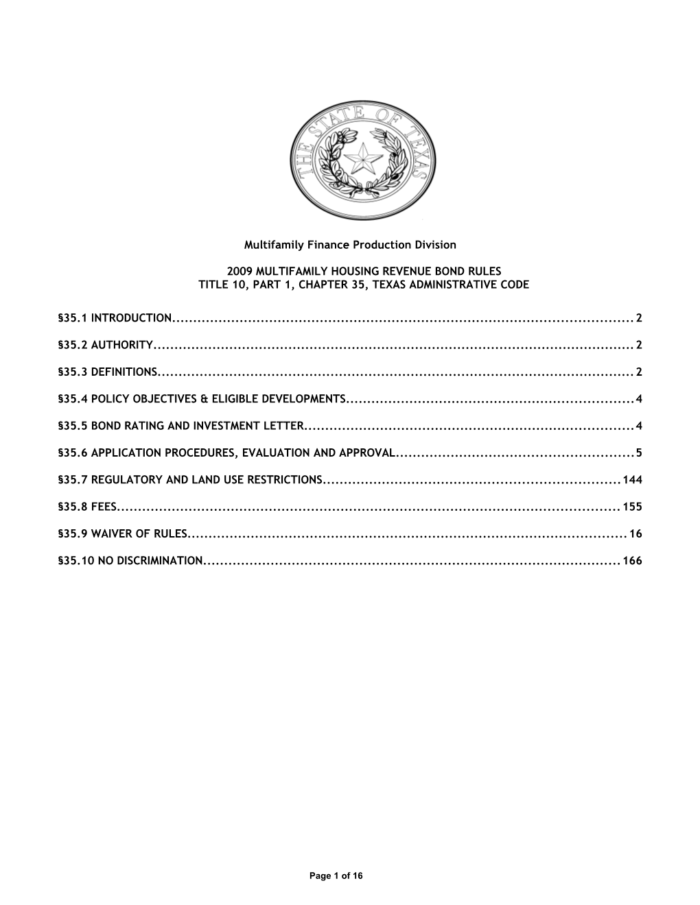 2009 Mulitfamily Housing Revenue Bond Rules