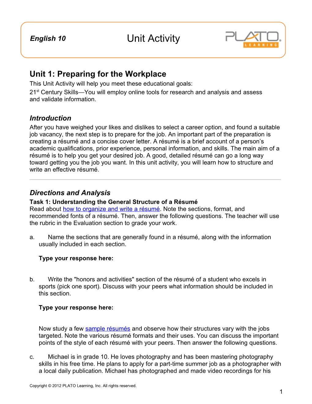 Unit 1: Preparing for the Workplace