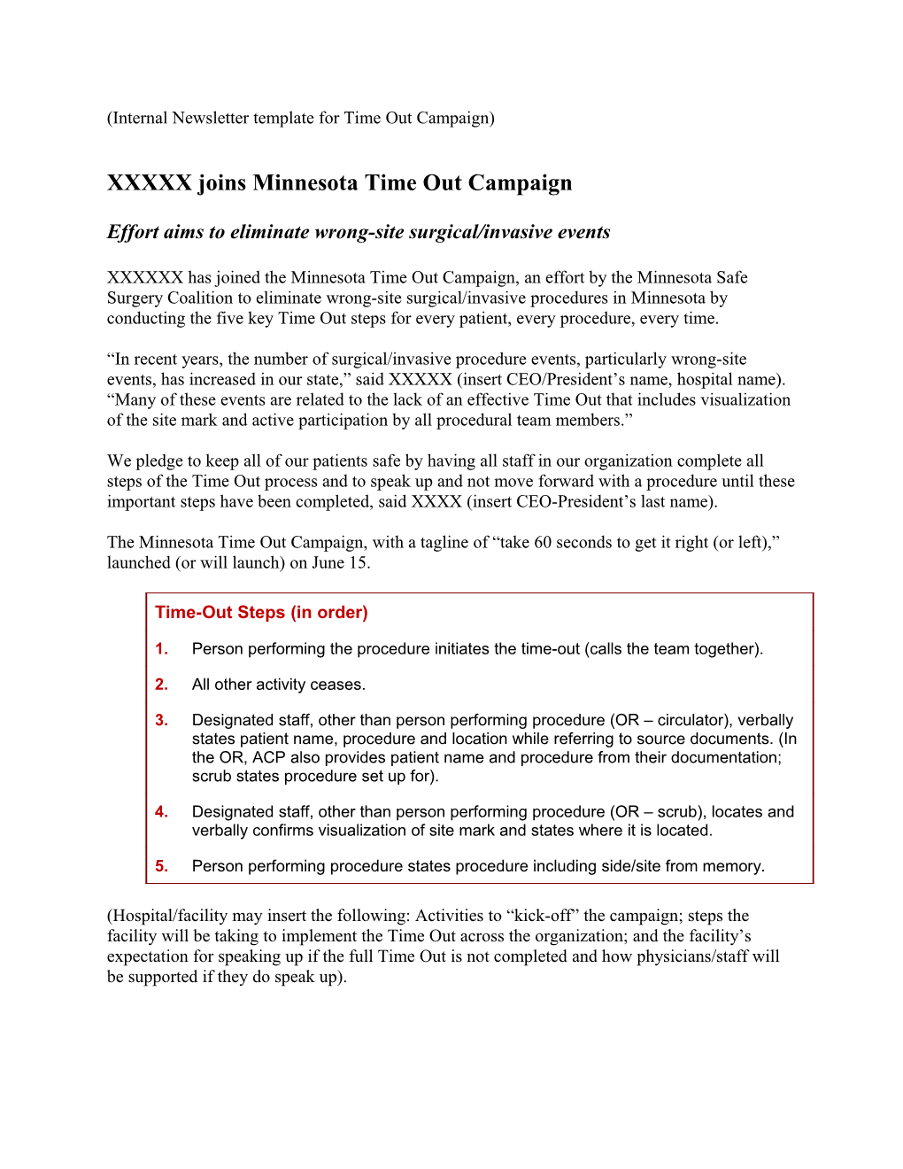 Internal Newsletter Template for Time out Campaign