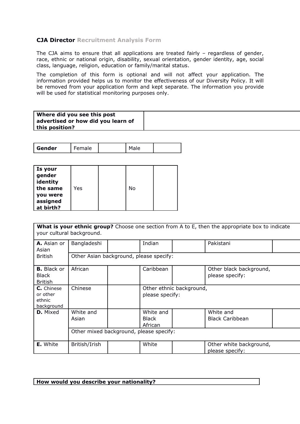 CJA Directorrecruitment Analysis Form