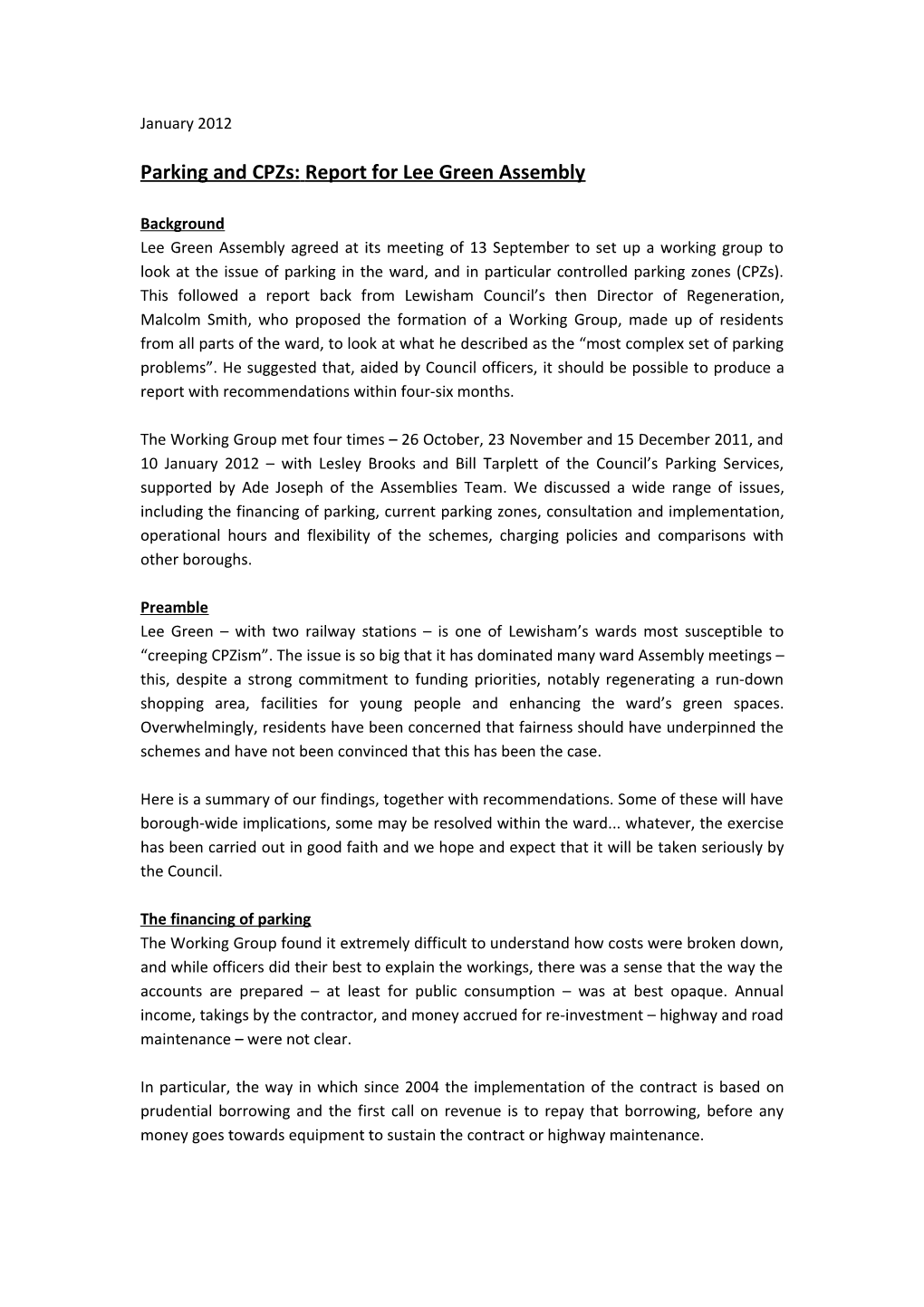 Lee Green Assembly Parking Report