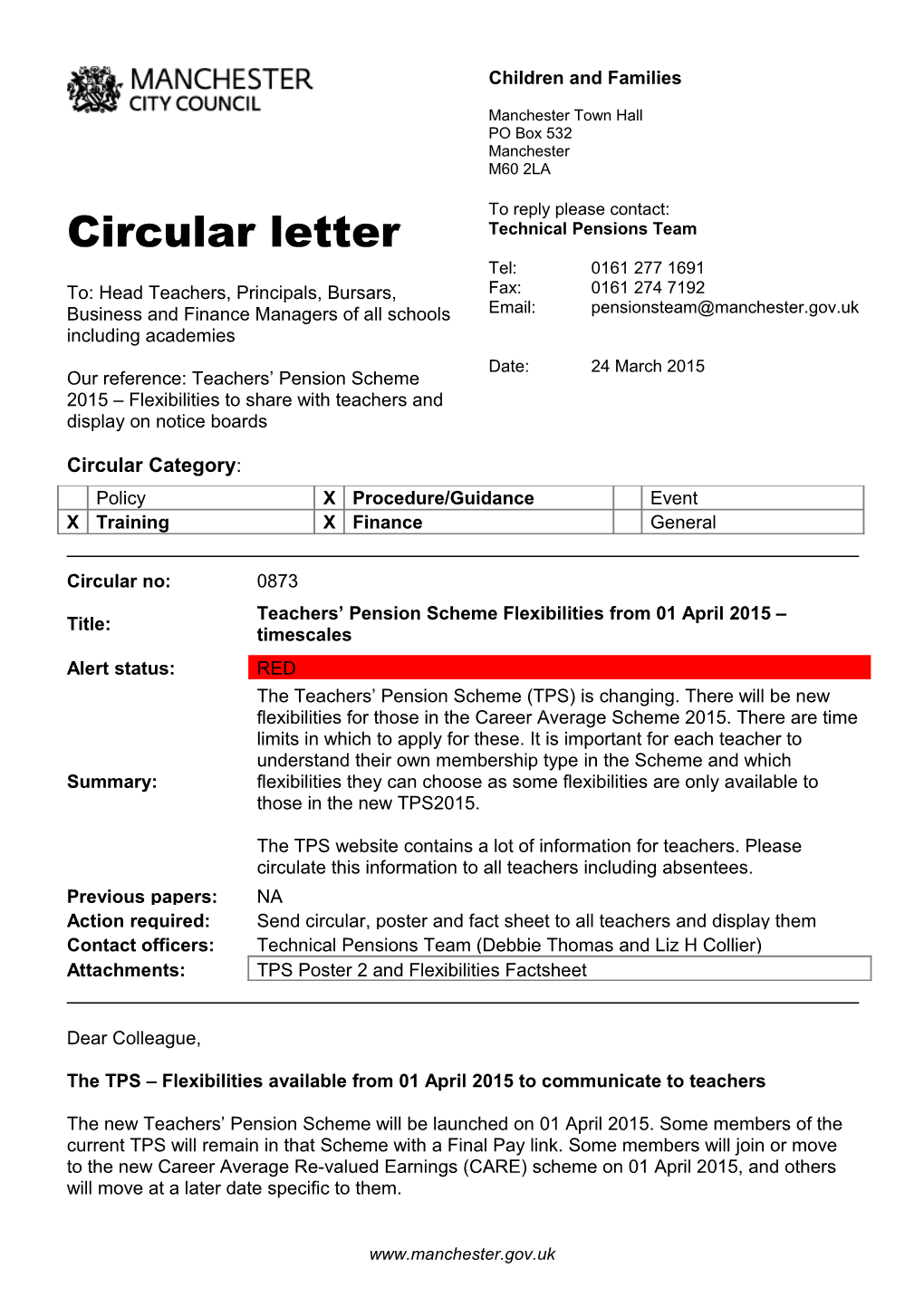 The TPS Flexibilities Available from 01 April 2015 to Communicate to Teachers