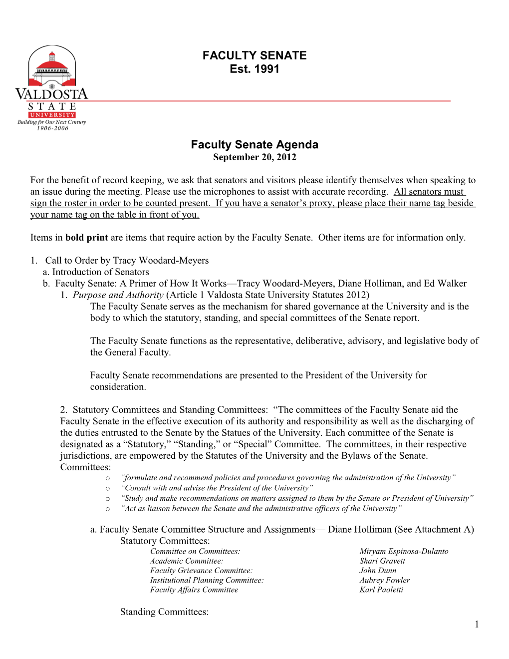 Faculty Senate Agenda