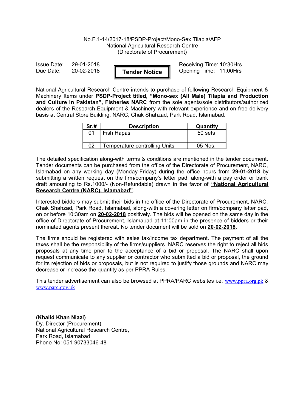 No.F.1-14/2017-18/PSDP-Project/Mono-Sex Tilapia/AFP