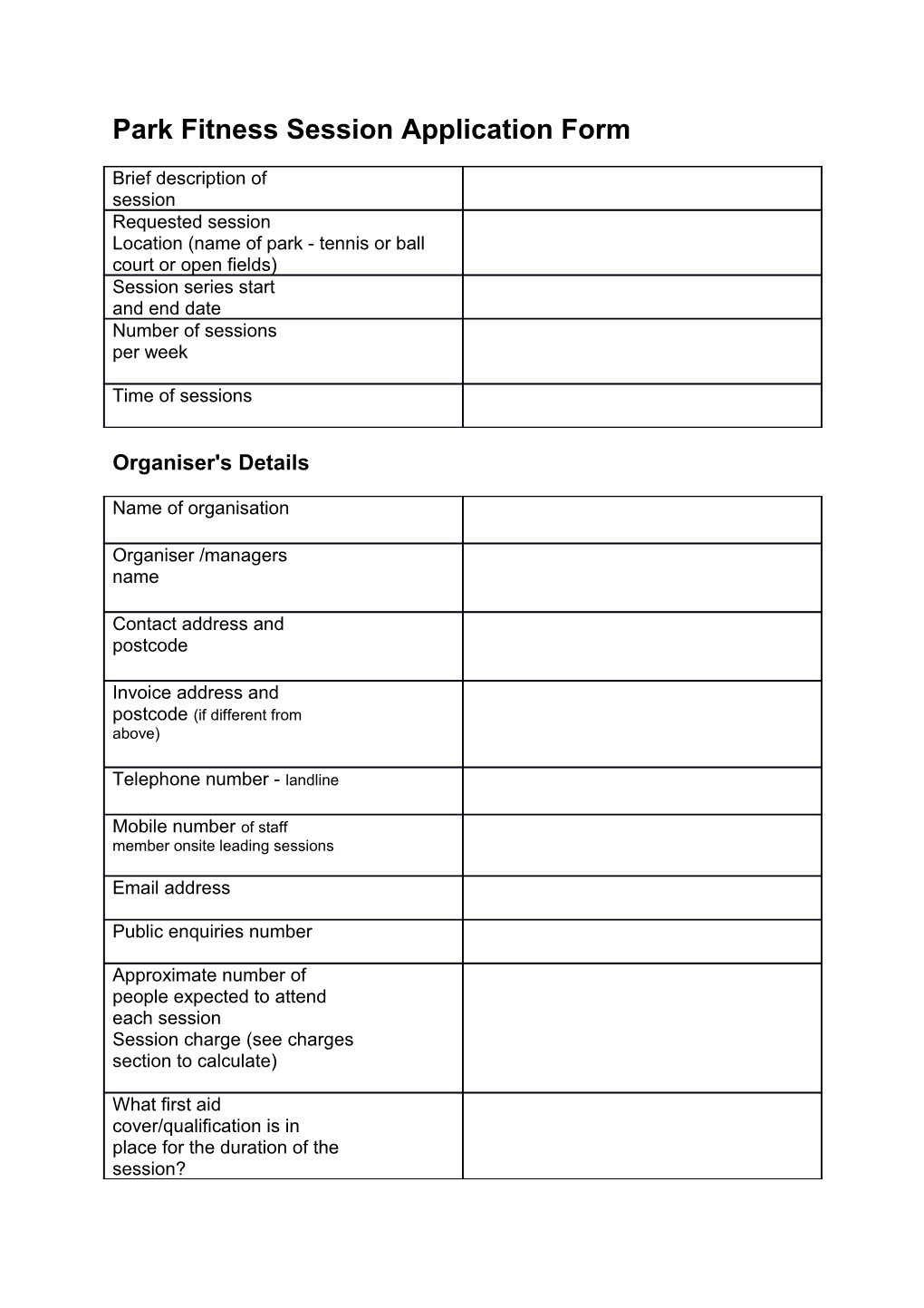 Parkfitness Session Application Form