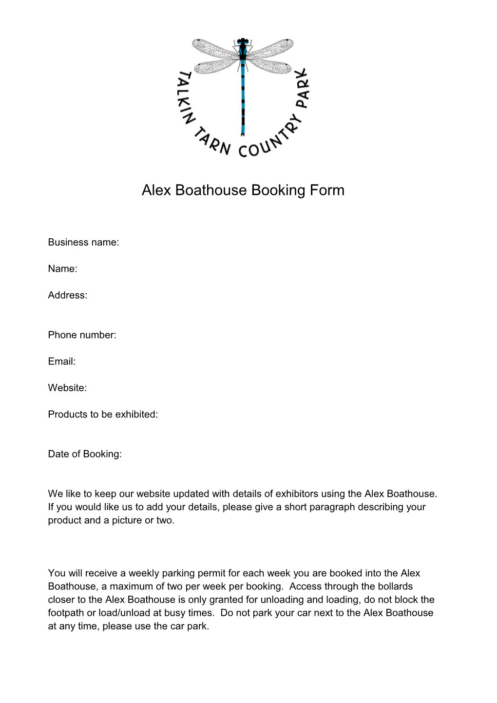 Alex Boathouse Booking Form