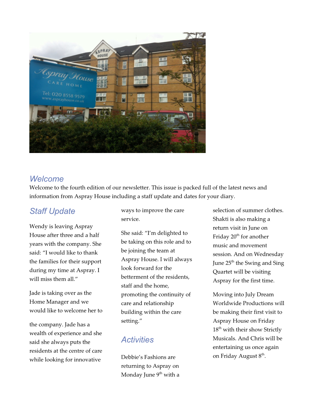 Aspray House Newsletter