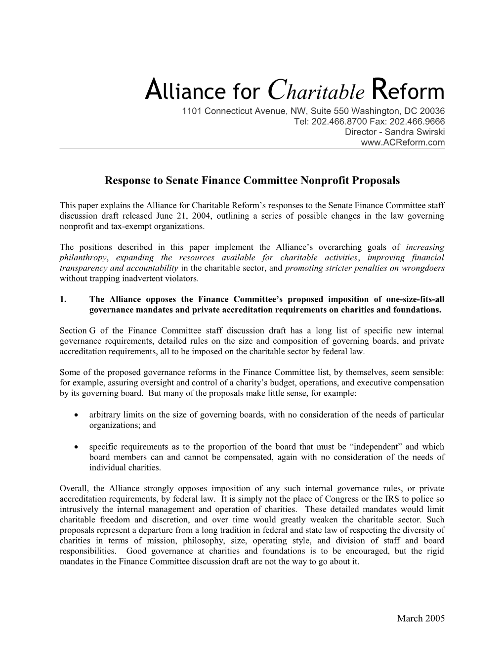 Response to Senate Finance Committee Nonprofit Proposals