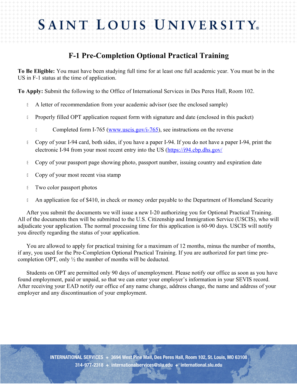F-1 Pre-Completion Optional Practical Training