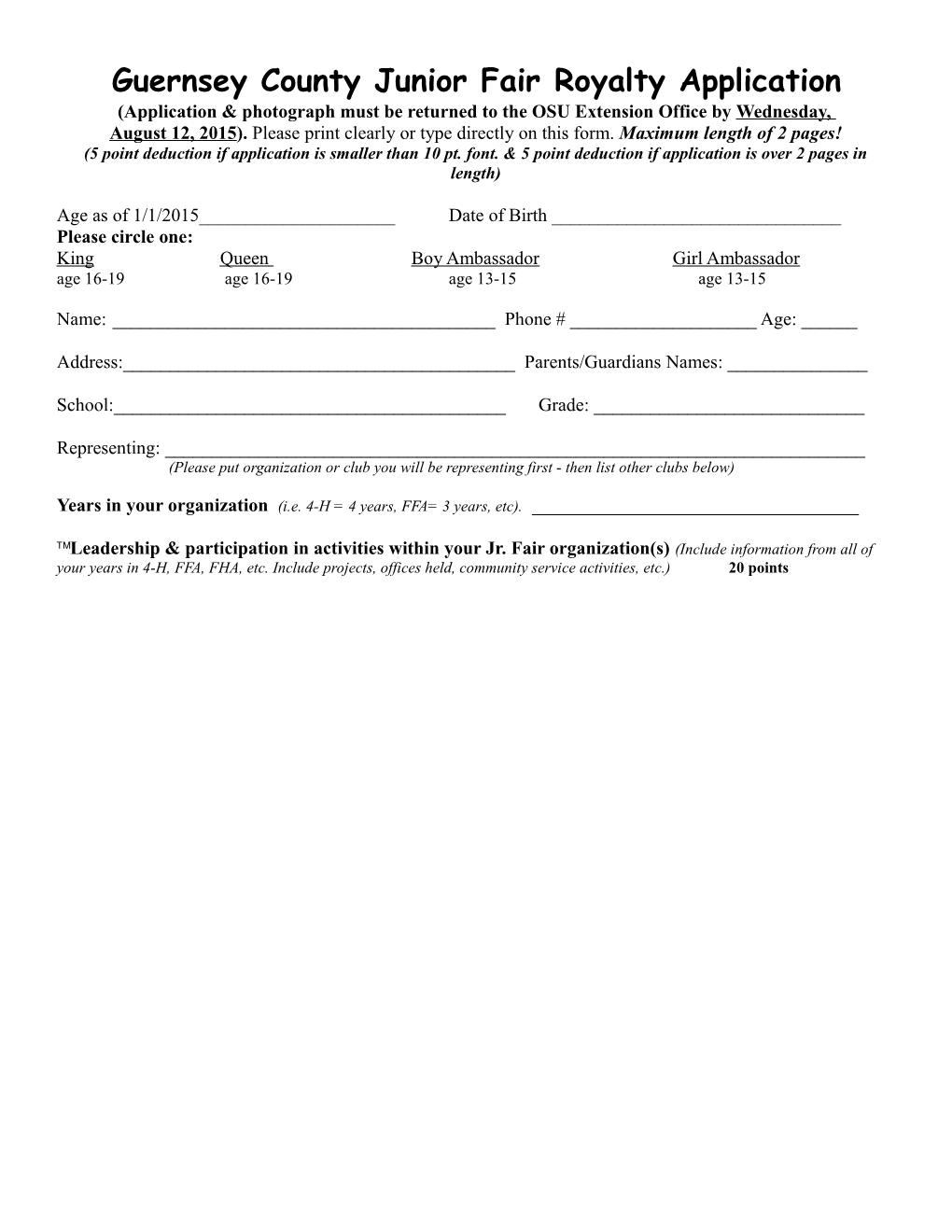 Guernsey County Junior Fair Royalty Application