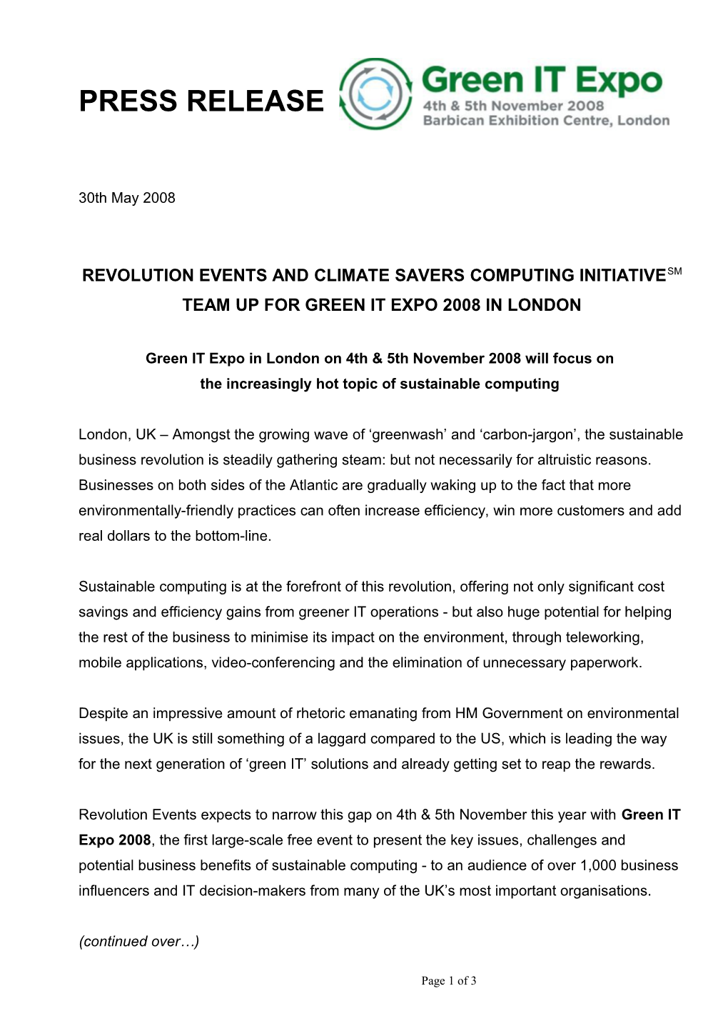 Revolution Events Team up with Global Climate Savers Computing Initiative to Present Green