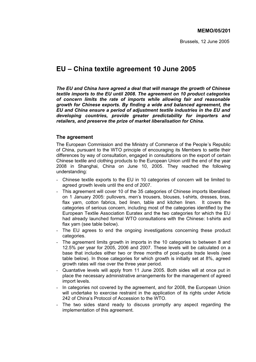 EU China Textile Agreement 10 June 2005