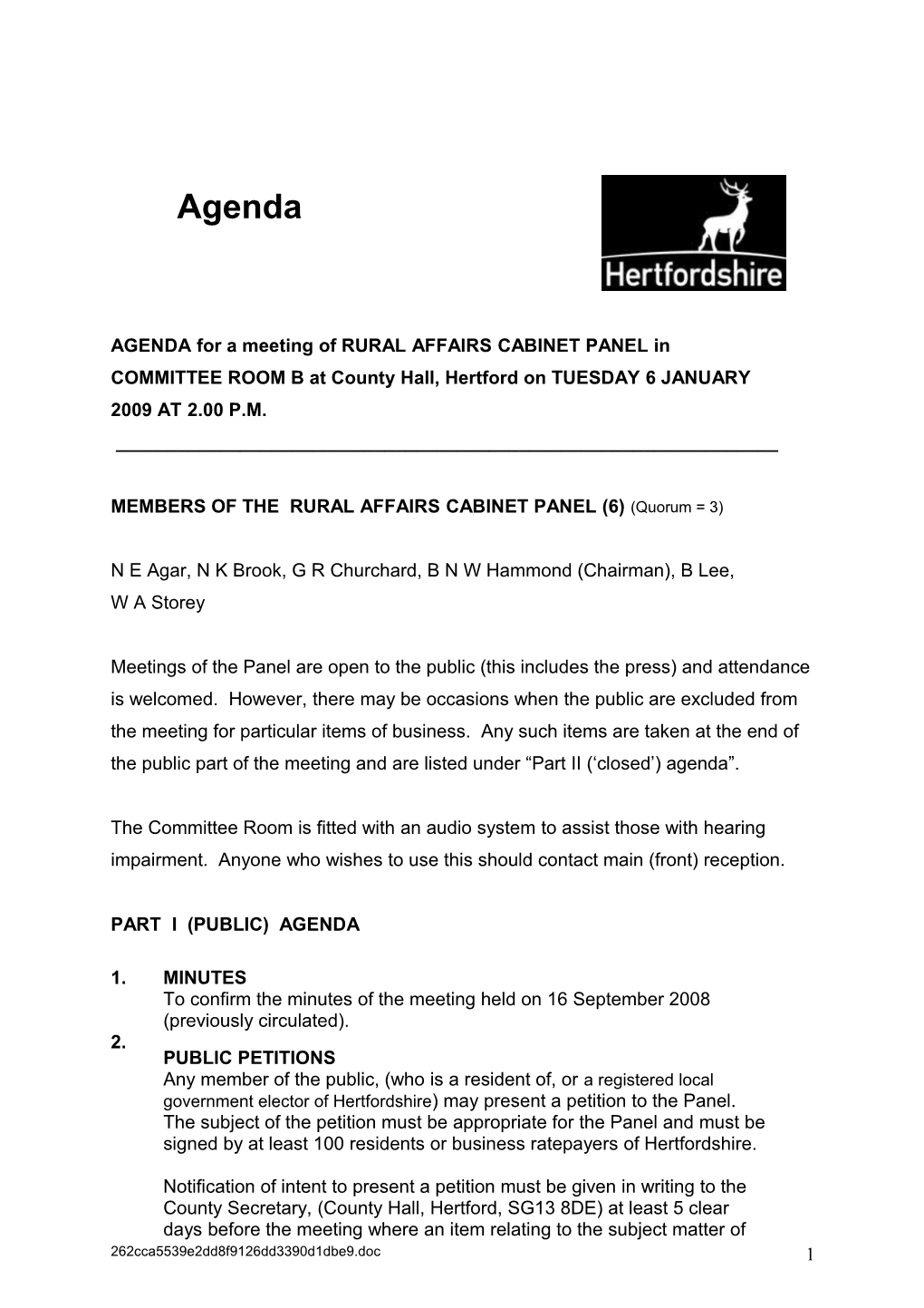 AGENDA for a Meeting of the POLICY COMMITTEE in the Council Chamber, County Hall, Hertford