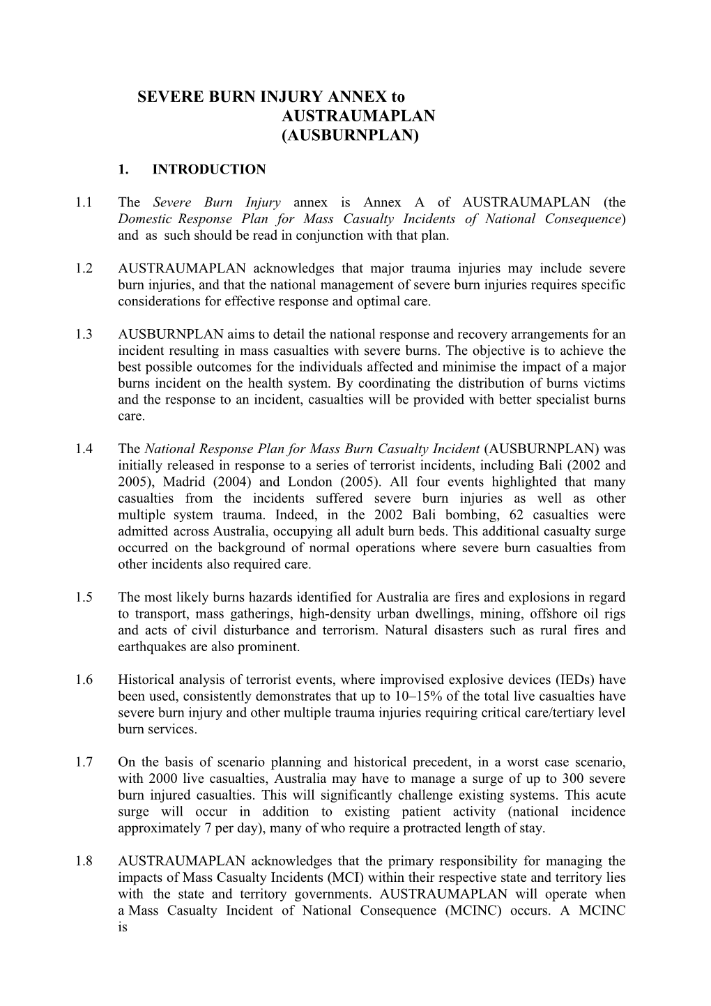 SEVERE BURN INJURY ANNEX to AUSTRAUMAPLAN