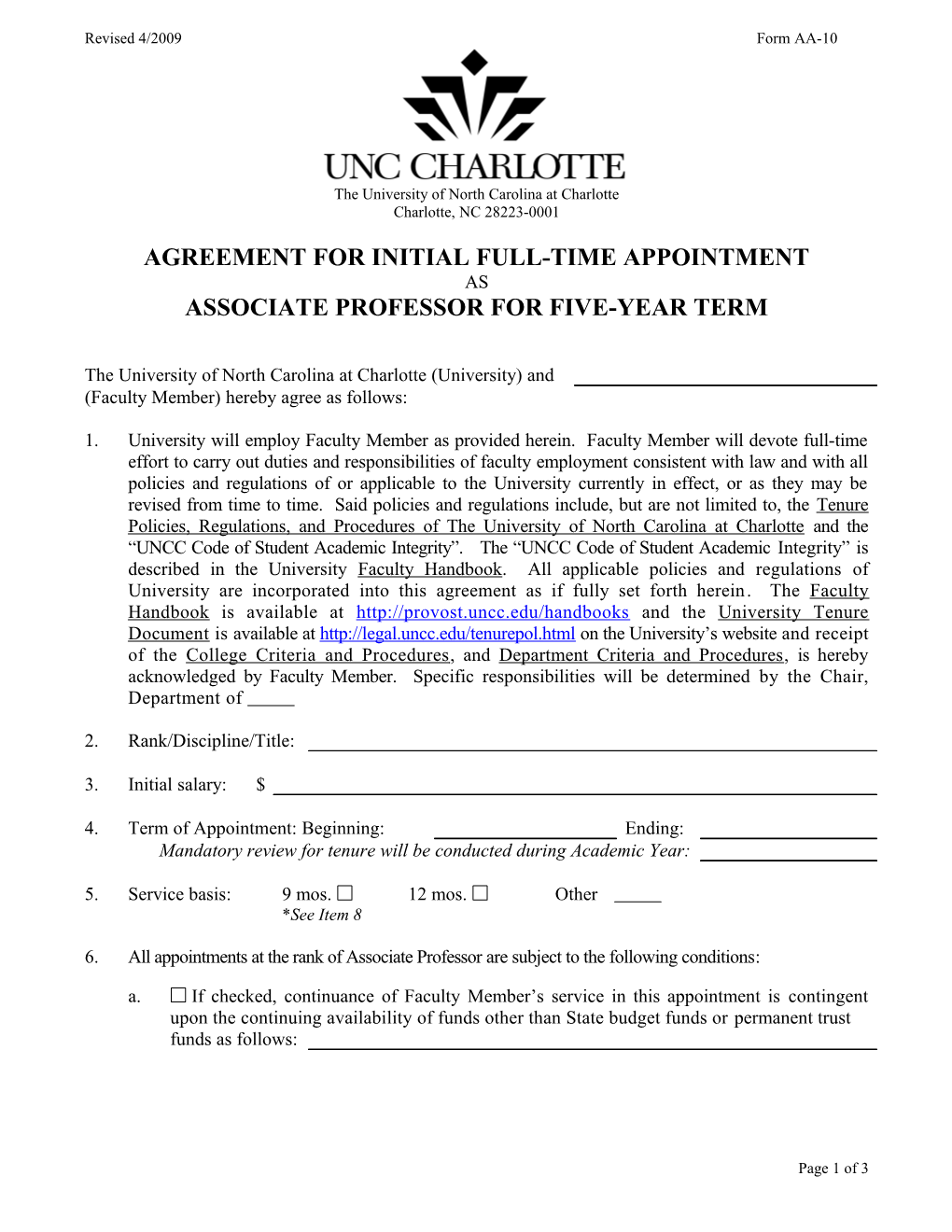 Agreement for Initial Full-Time Appointment As Associate Professor for Five-Year Term