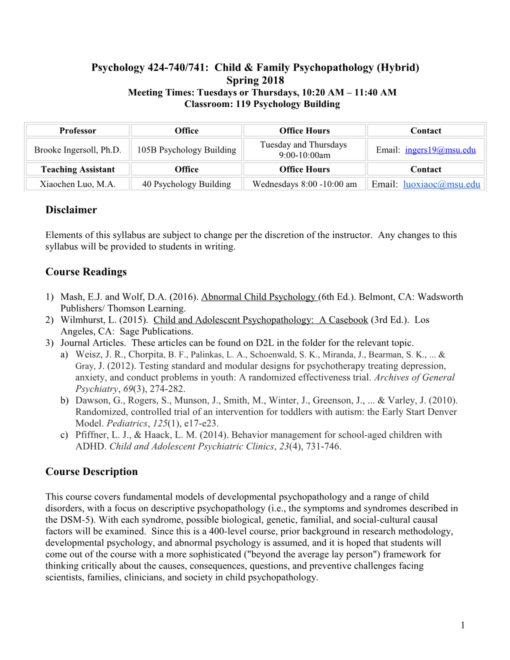 Psychology 424-740/741: Child & Family Psychopathology (Hybrid)