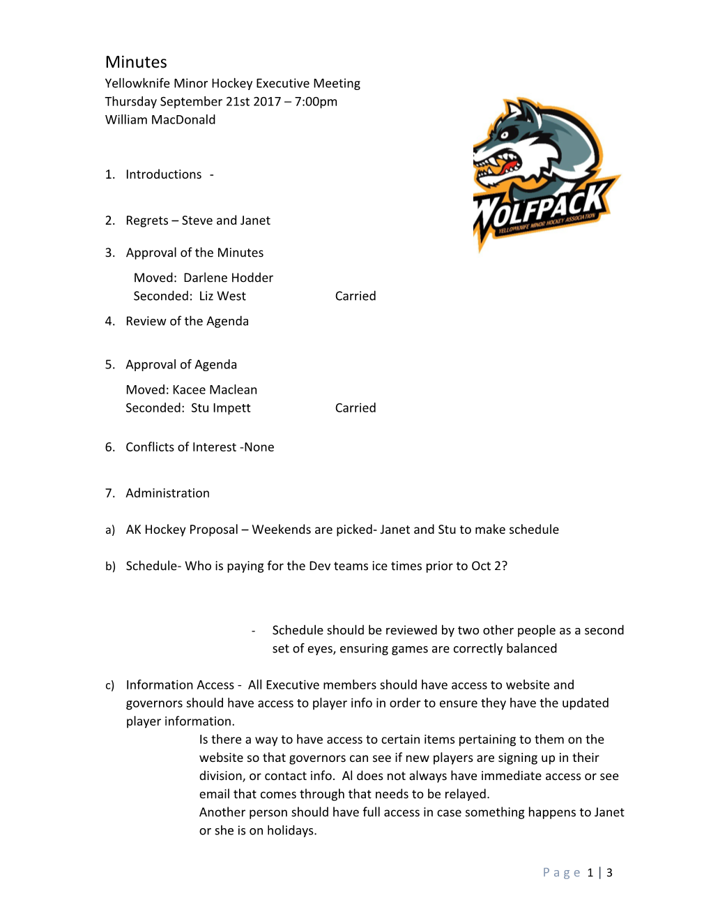 Yellowknife Minor Hockey Executive Meeting