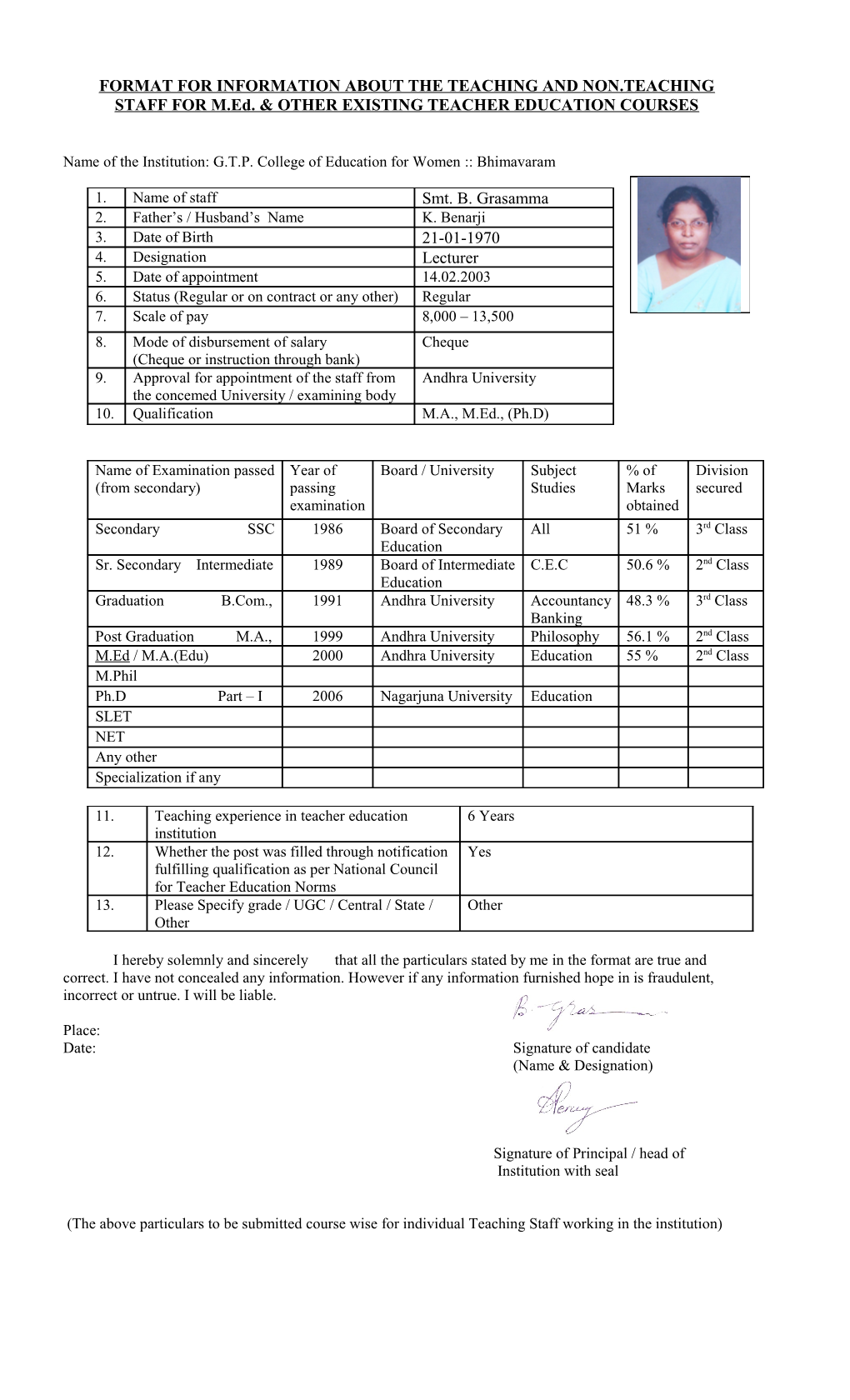 Format for Information About the Teaching and Non.Teaching