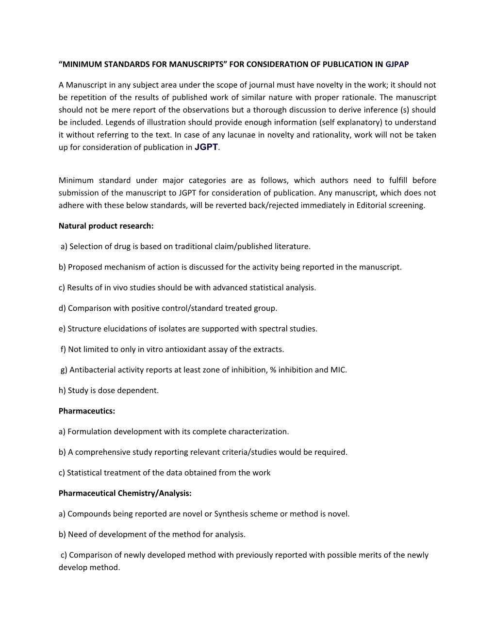 Minimum Standards for Manuscripts for Consideration of Publication in Gjpap