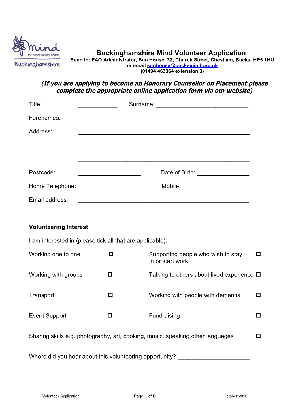 Buckinghamshire Mind Volunteer Application