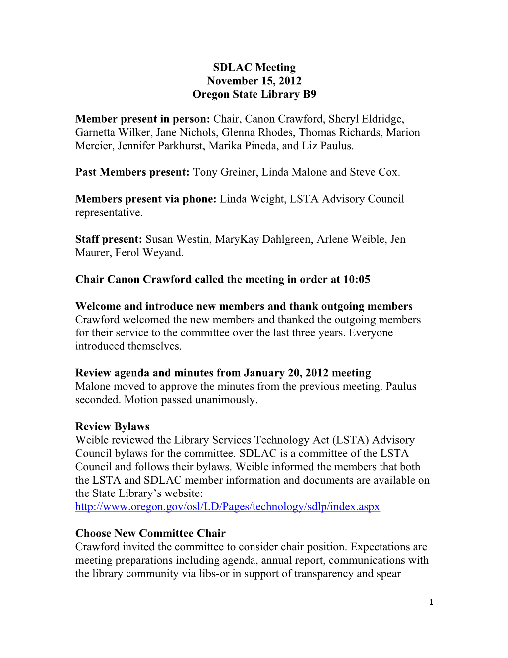 SDLAC Meeting Minutes, November 15, 2012