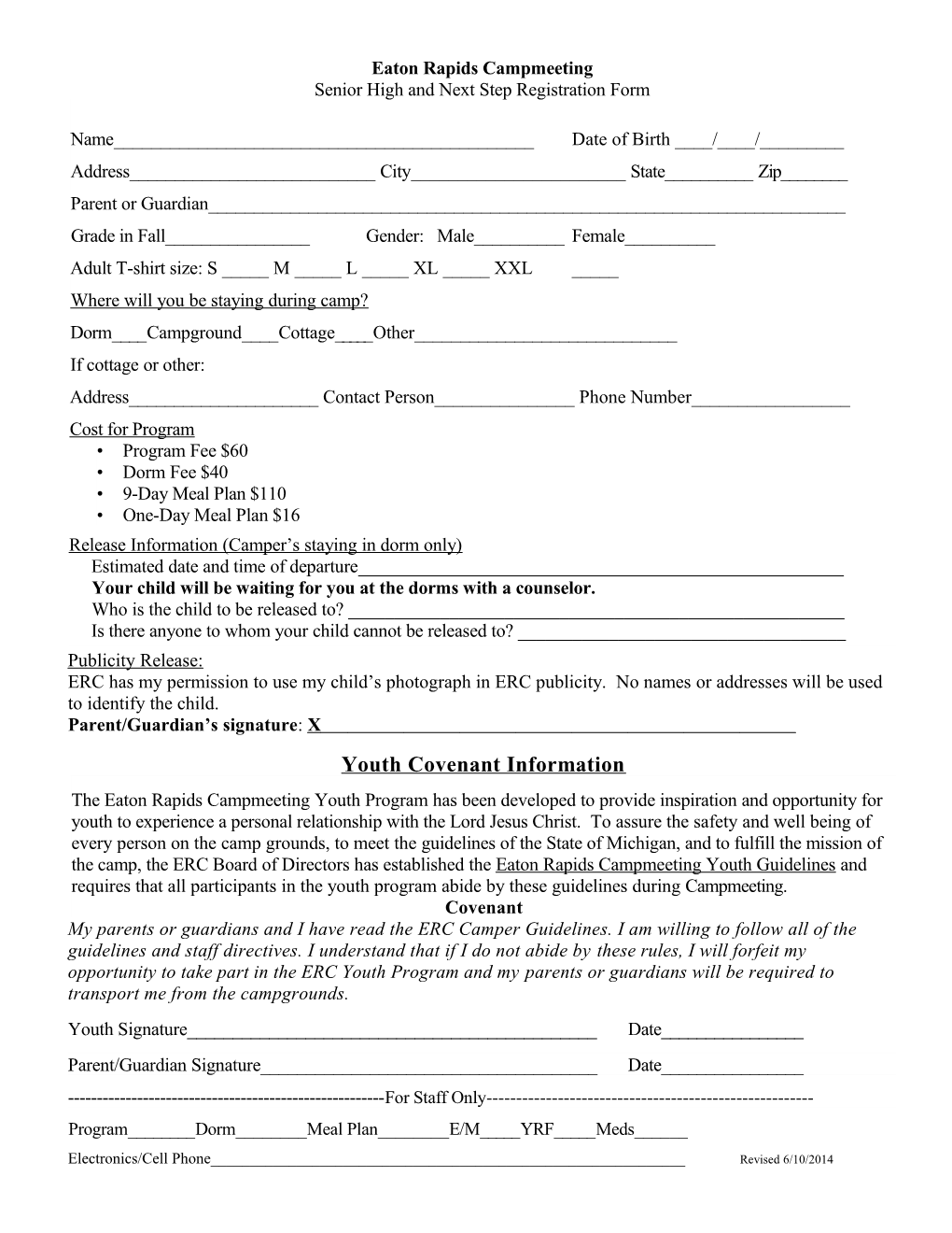 Senior High and Next Step Registration Form