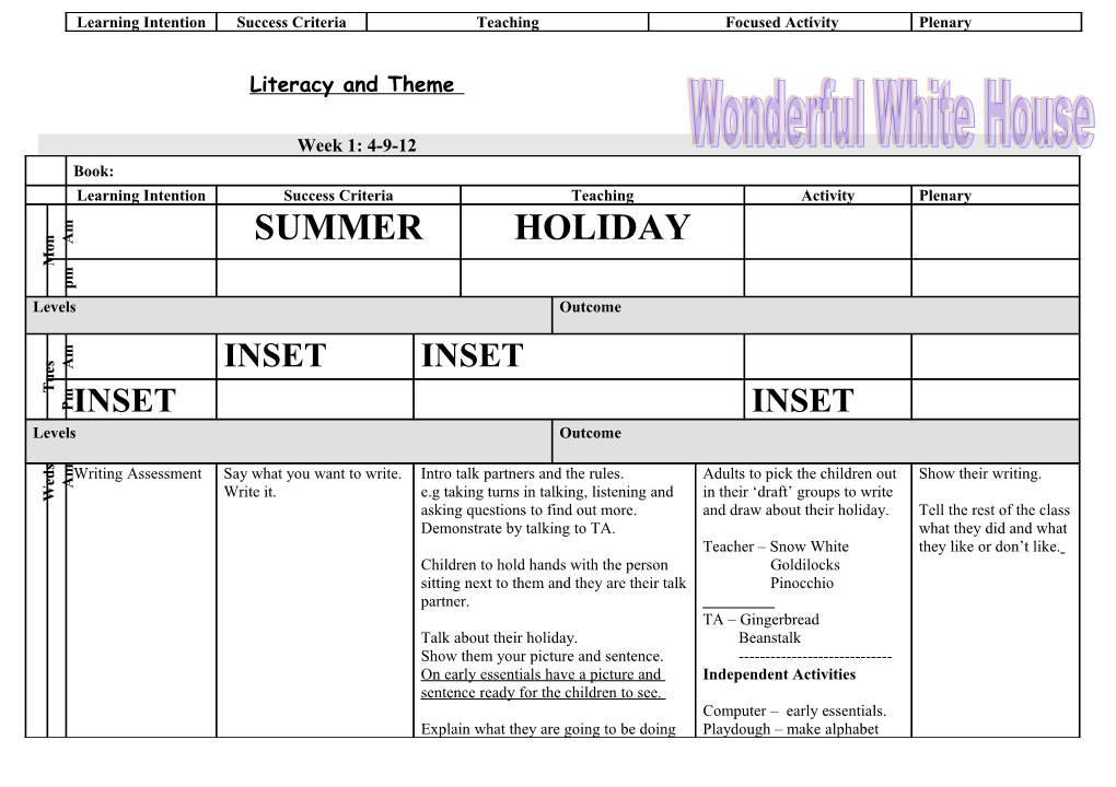 Literacy and Theme Weekly Overview