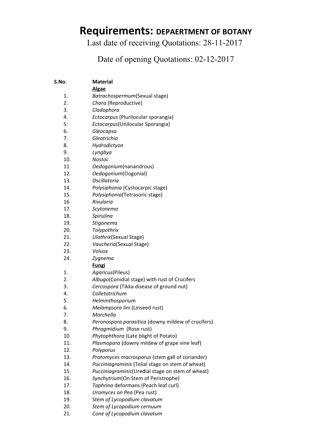 Requirements: DEPAERTMENT of BOTANY