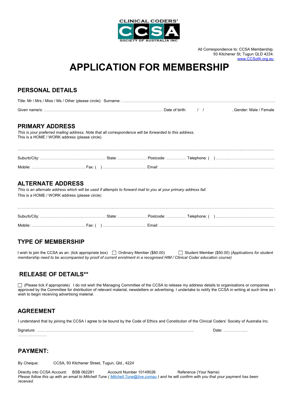 All Correspondence To: CCSA Membership