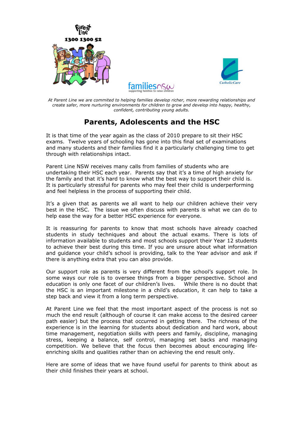 Parents, Adolescents and the HSC