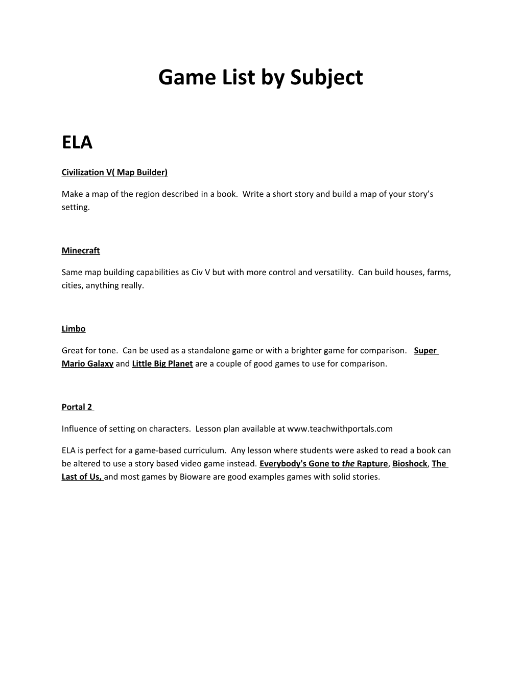 Game List by Subject