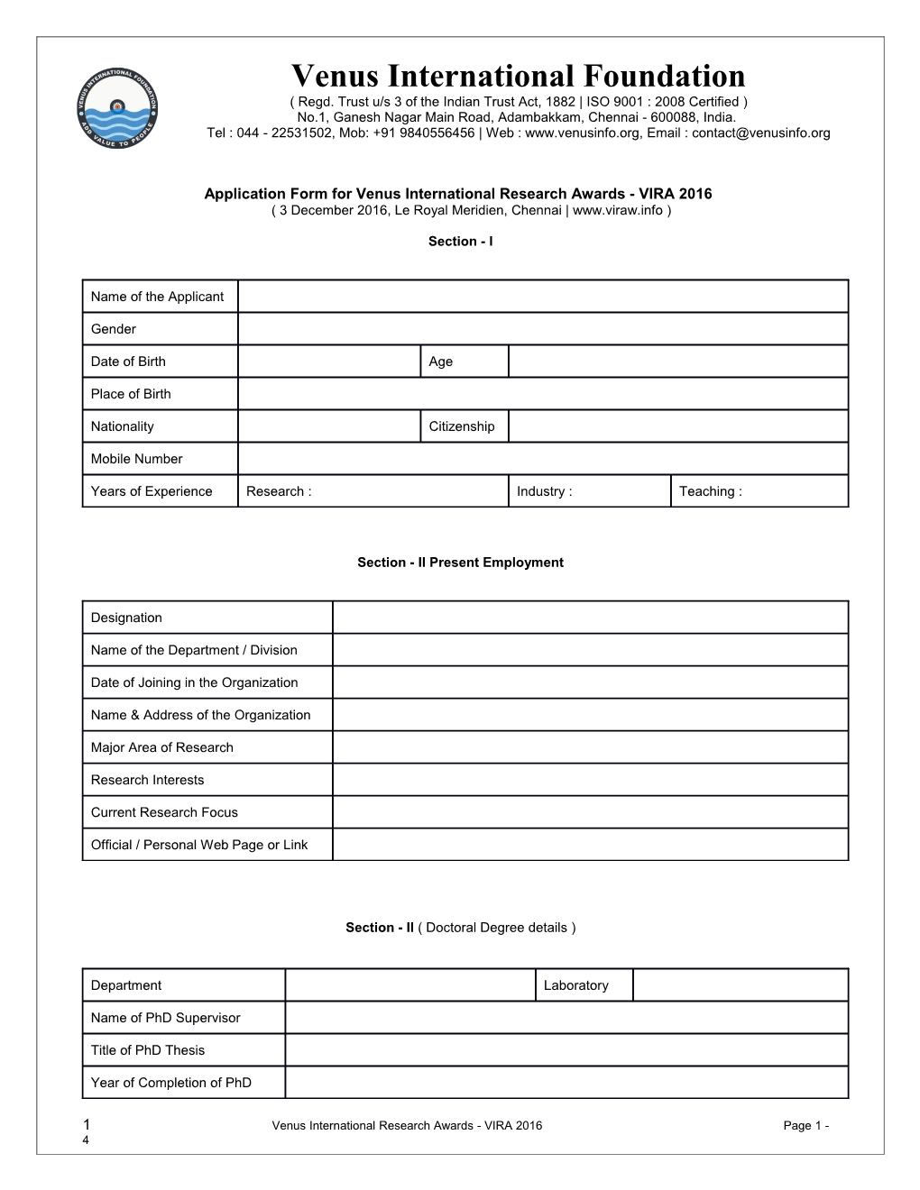 Application Form for Venus International Research Awards - VIRA 2016