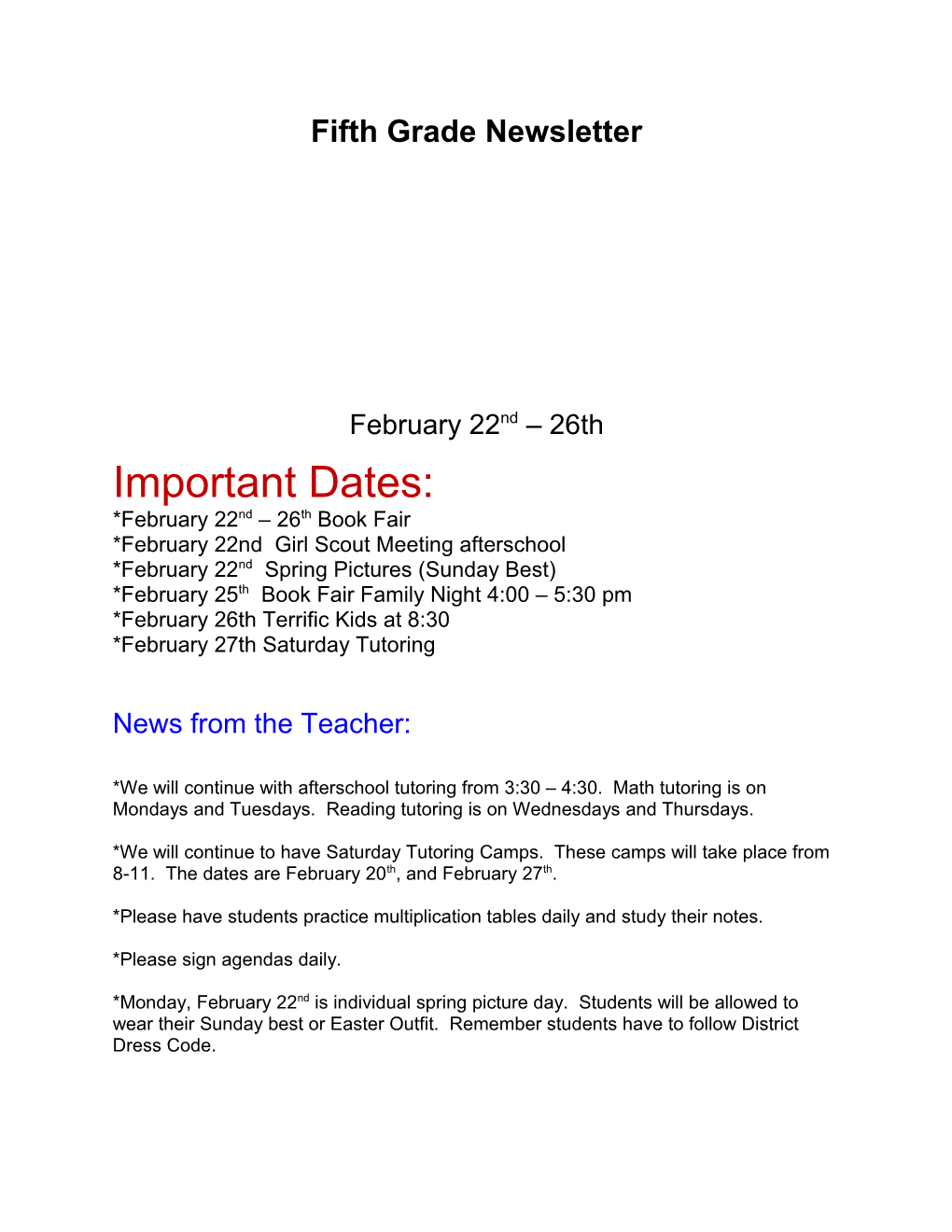 Fifth Grade Newsletter