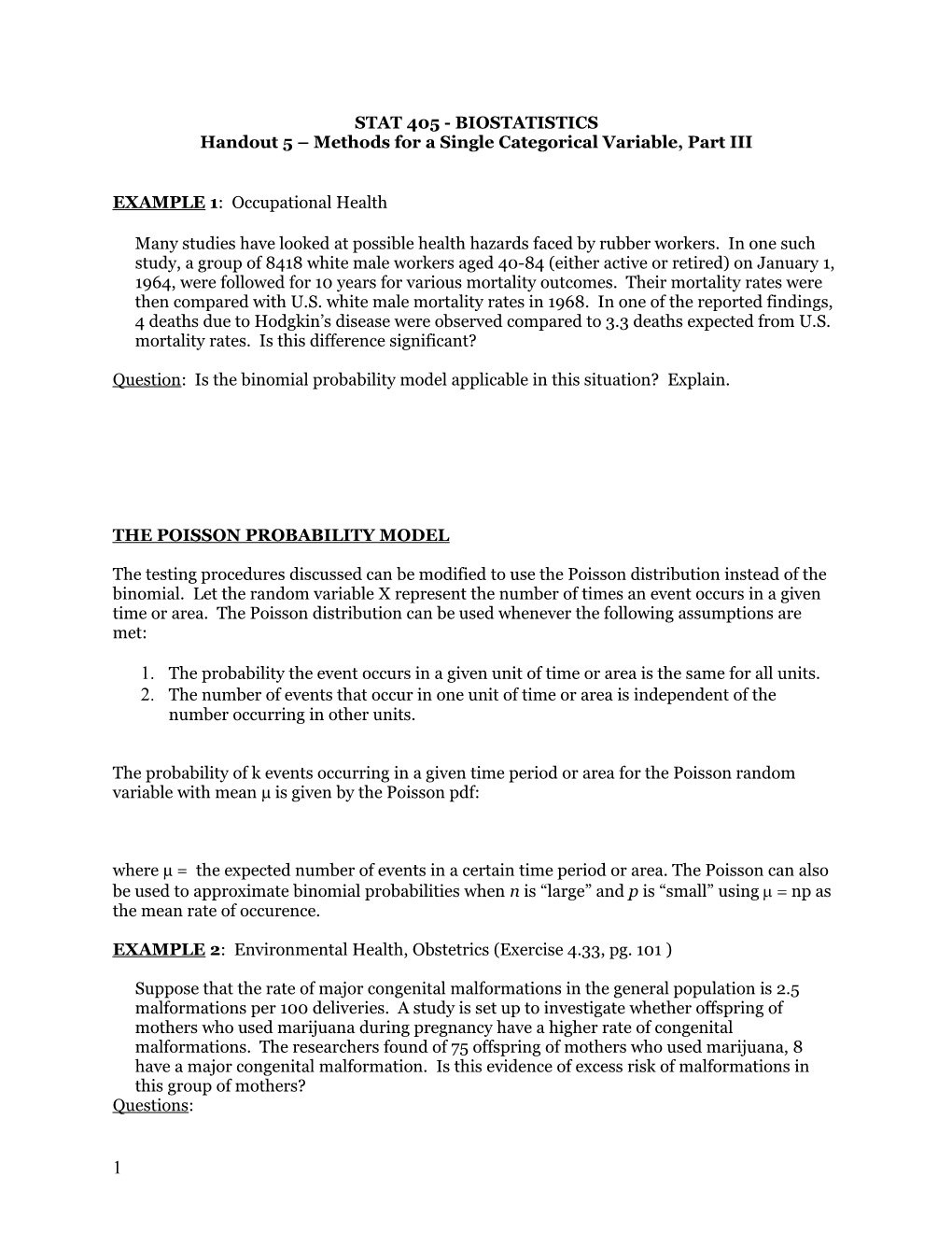 Handout 5 Methods for a Single Categorical Variable, Part III