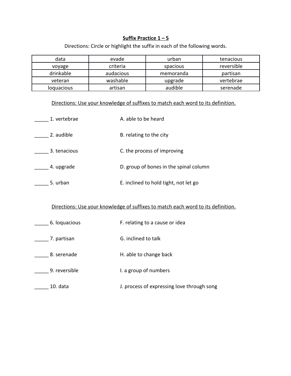 Suffix Practice 1 5 Directions: Circle Or Highlight the Suffix in Each of the Following Words