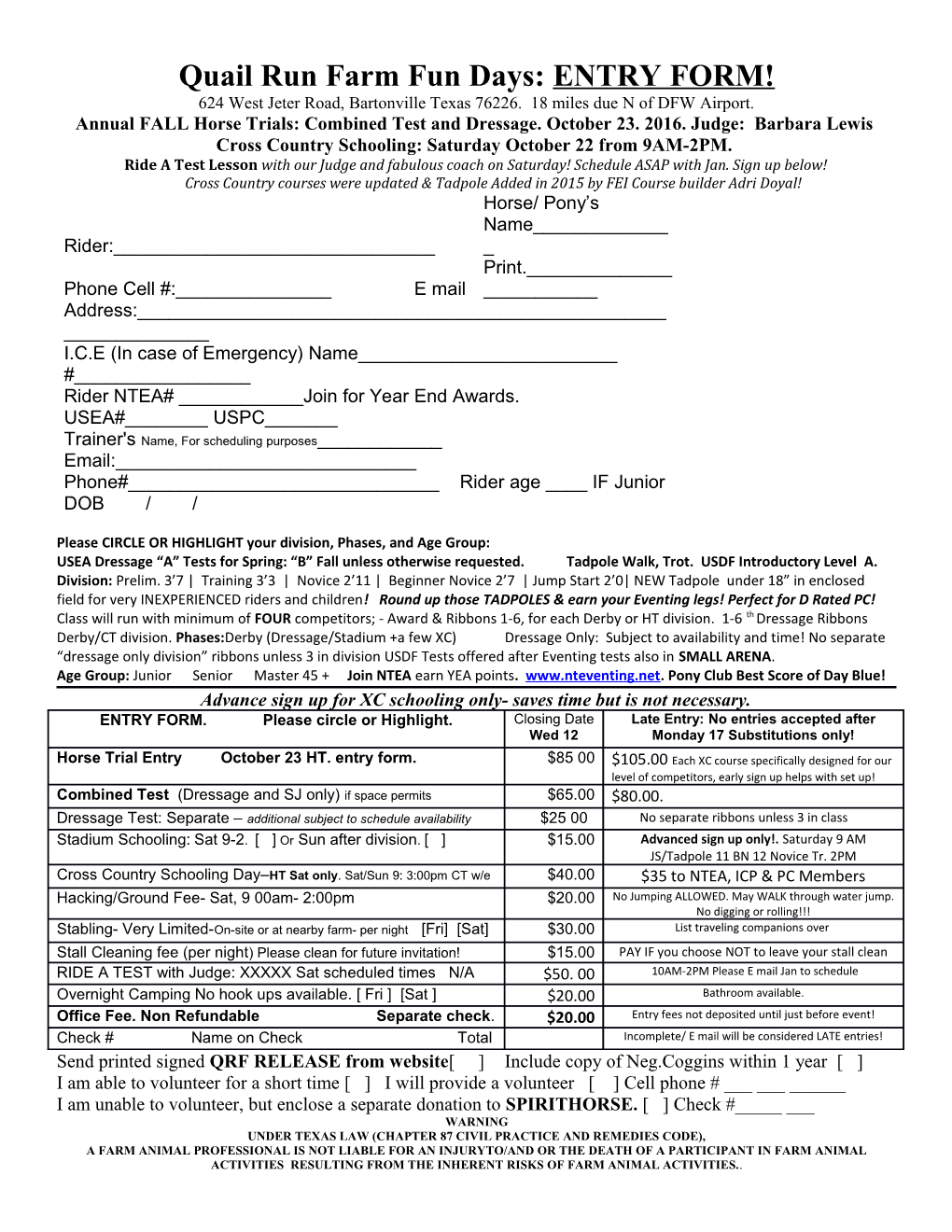 Quail Run Farm Fun Days: ENTRY FORM!