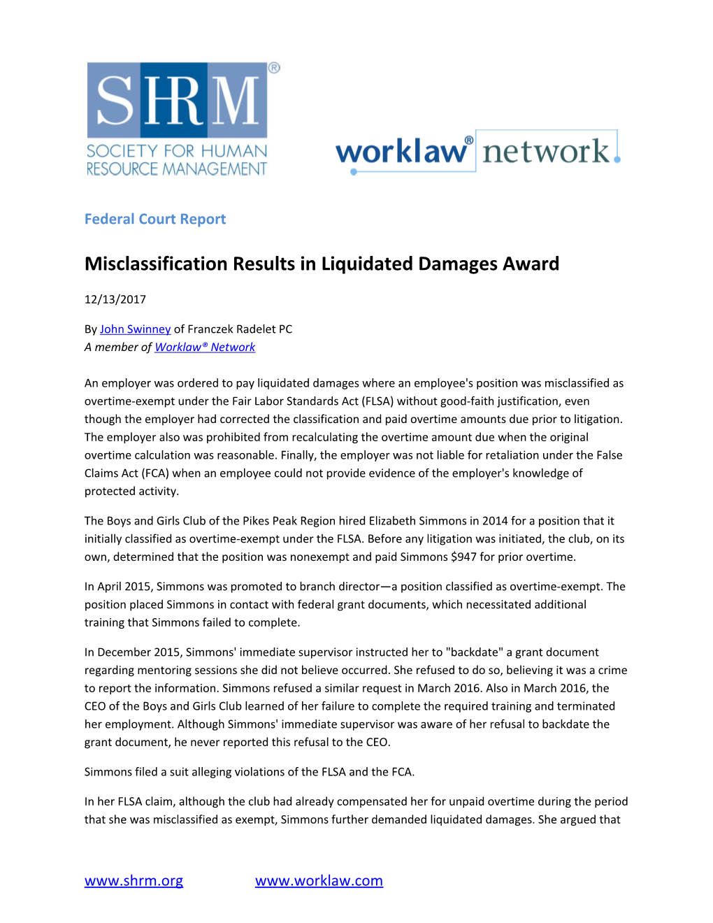 Federal Court Report Misclassification Results in Liquidated Damages Award