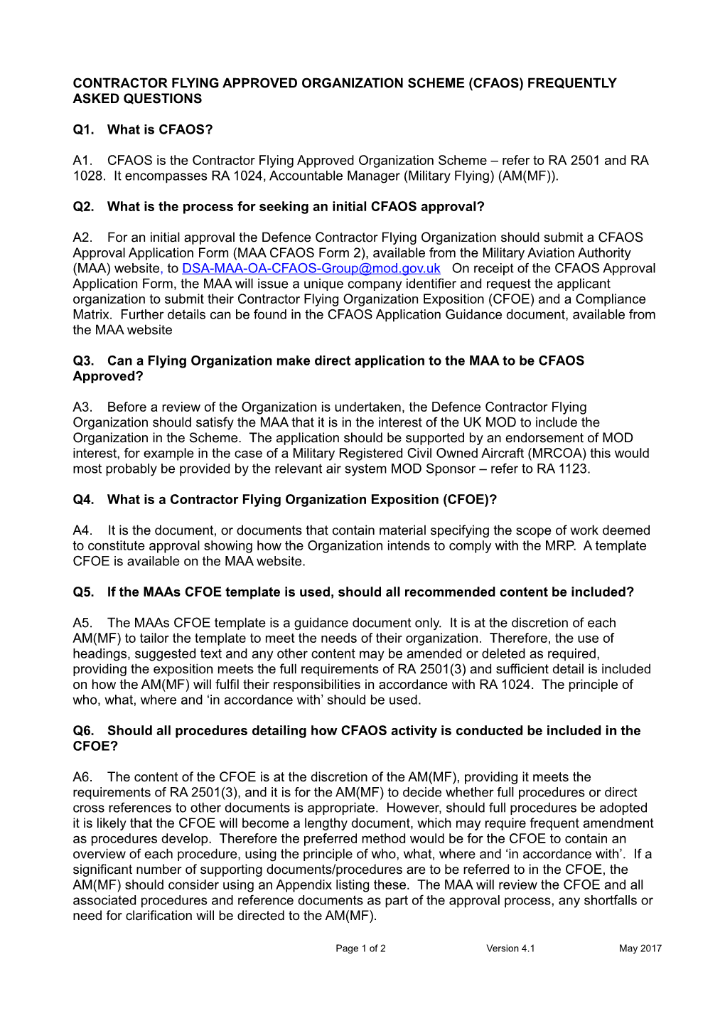 Contractor Flying Approved Organization Scheme (Cfaos) Frequently Asked Questions