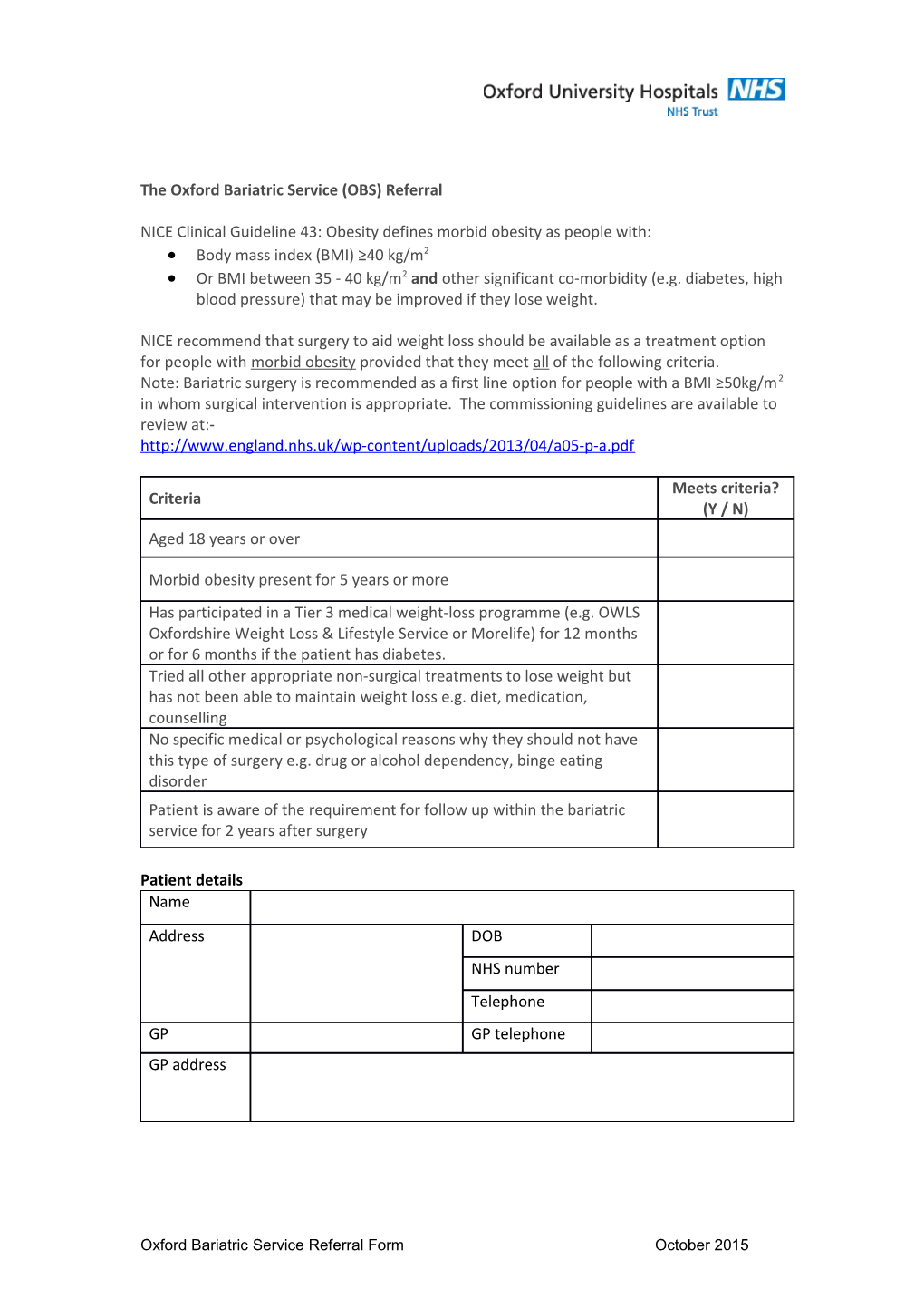 Oxford Bariatric Service (OBS) Referral