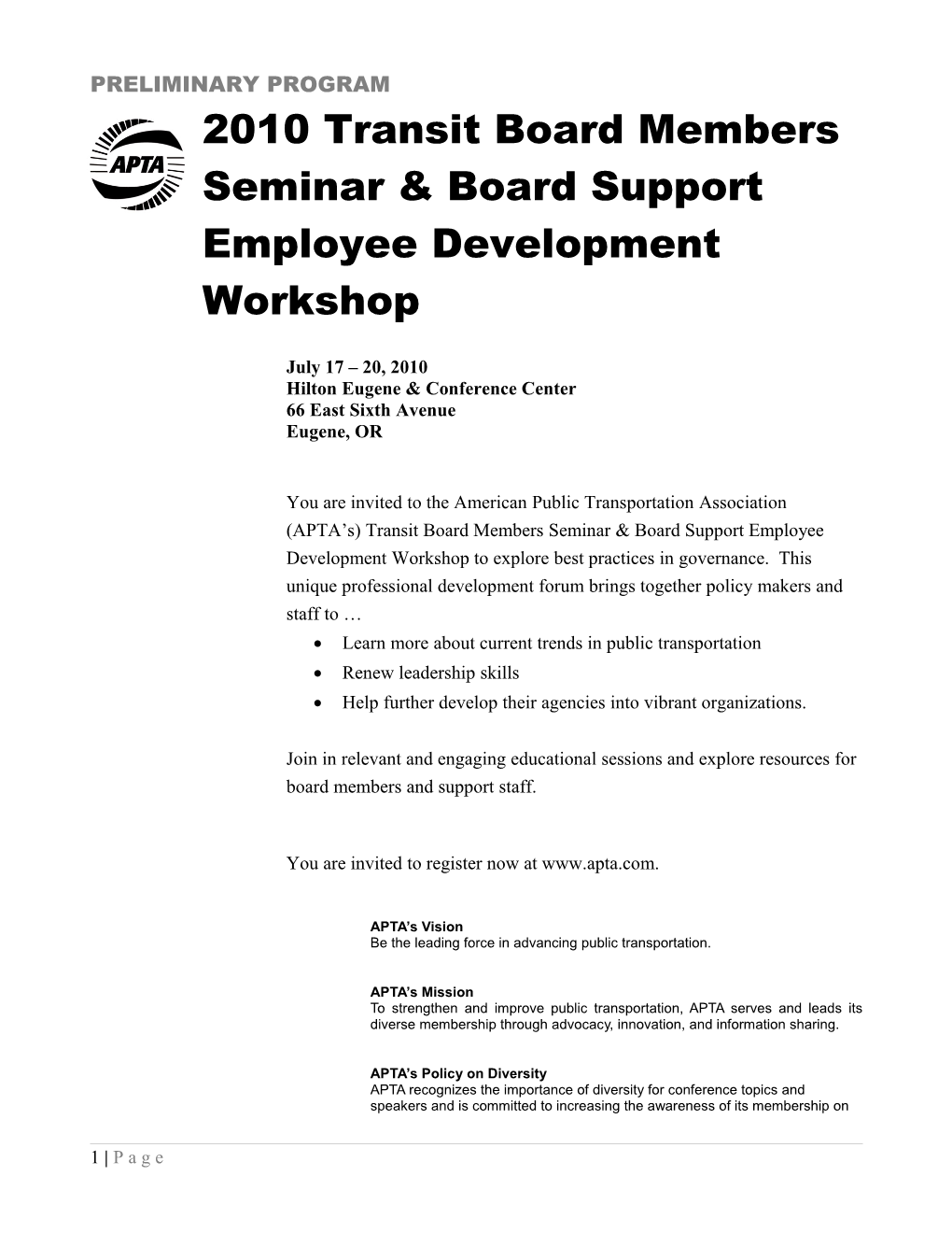 APTA 2010 Transit Board Members Seminar Preliminary Program