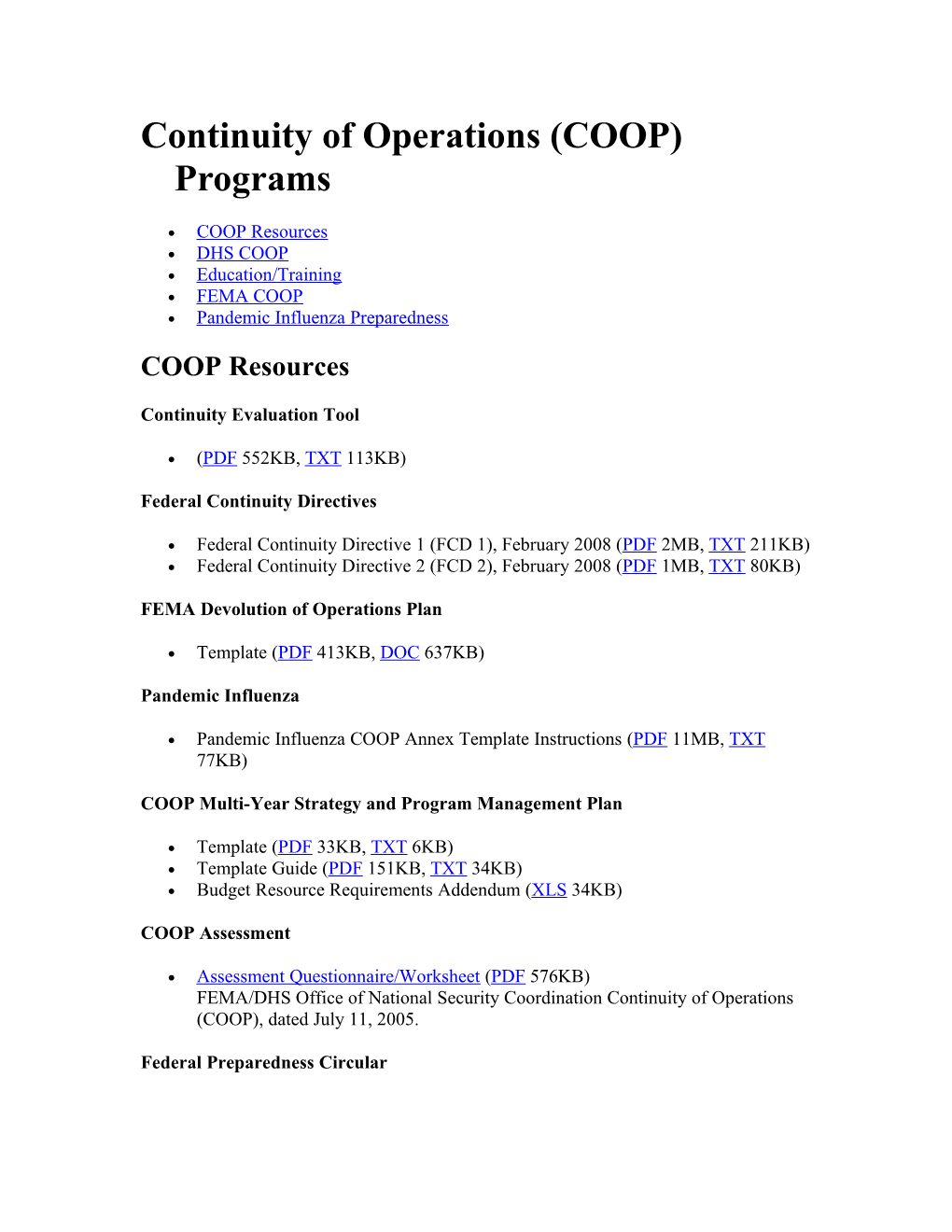 Continuity of Operations (COOP) Programs