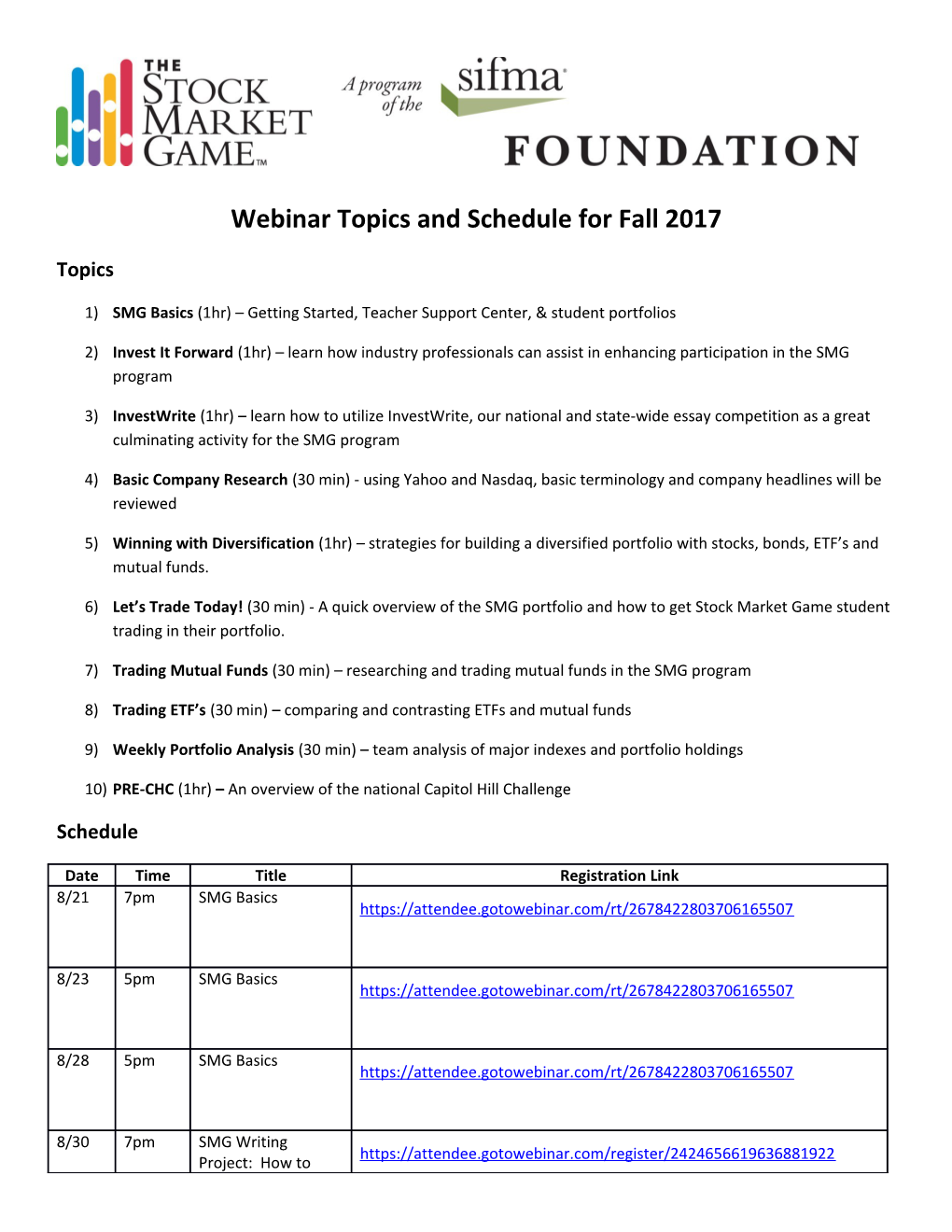 Webinar Topics and Schedule for Fall 2017