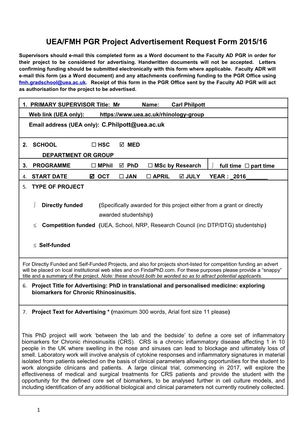 UEA/FMH PGR Project Advertisement Request Form 2015/16